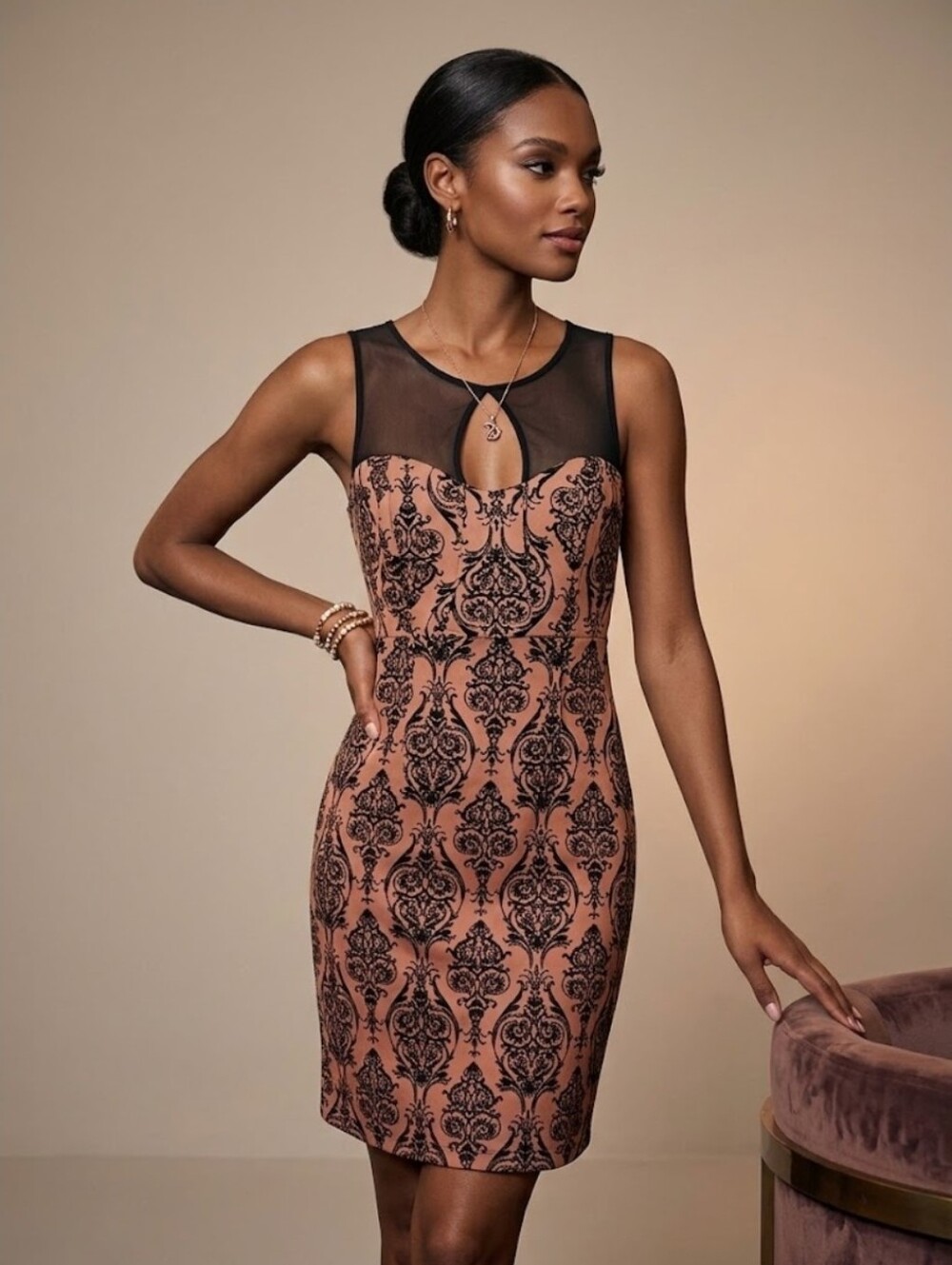 Sweet Storm Damask Mesh Accent Evening Dress